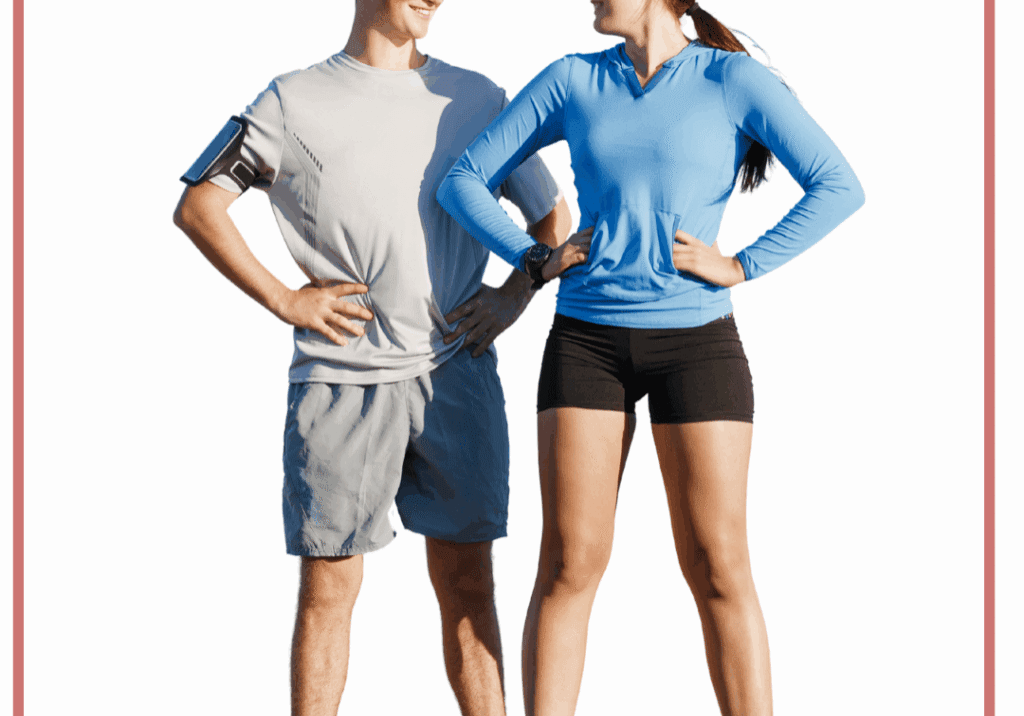 Athletic man and woman standing hands on hips