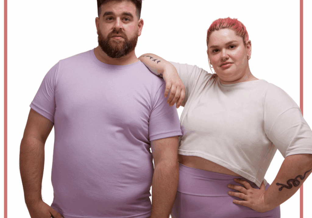 Two plus-size adults in lavender workout clothes