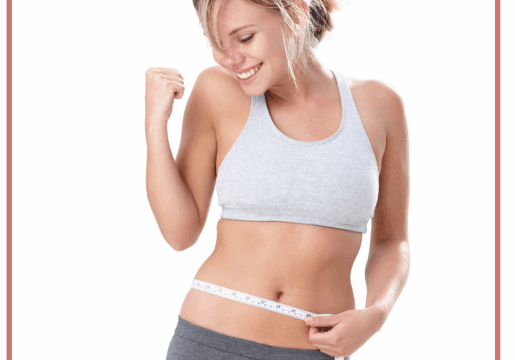Woman measuring waist with tape and smiling